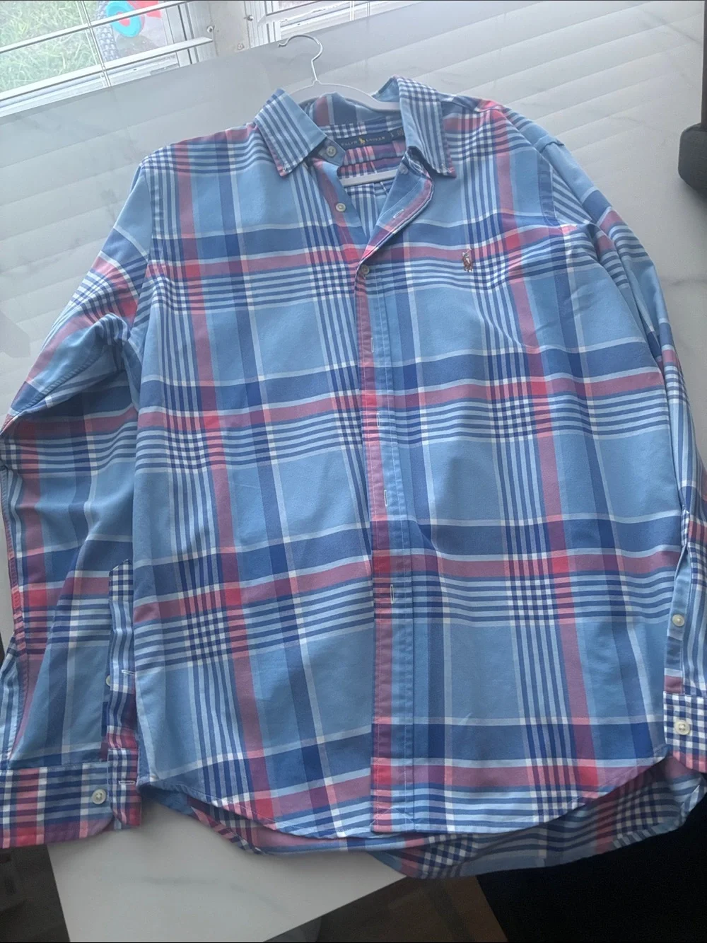 Polo by Ralph Lauren Light Blue Plaid Button-Down Shirt with Pink Accents